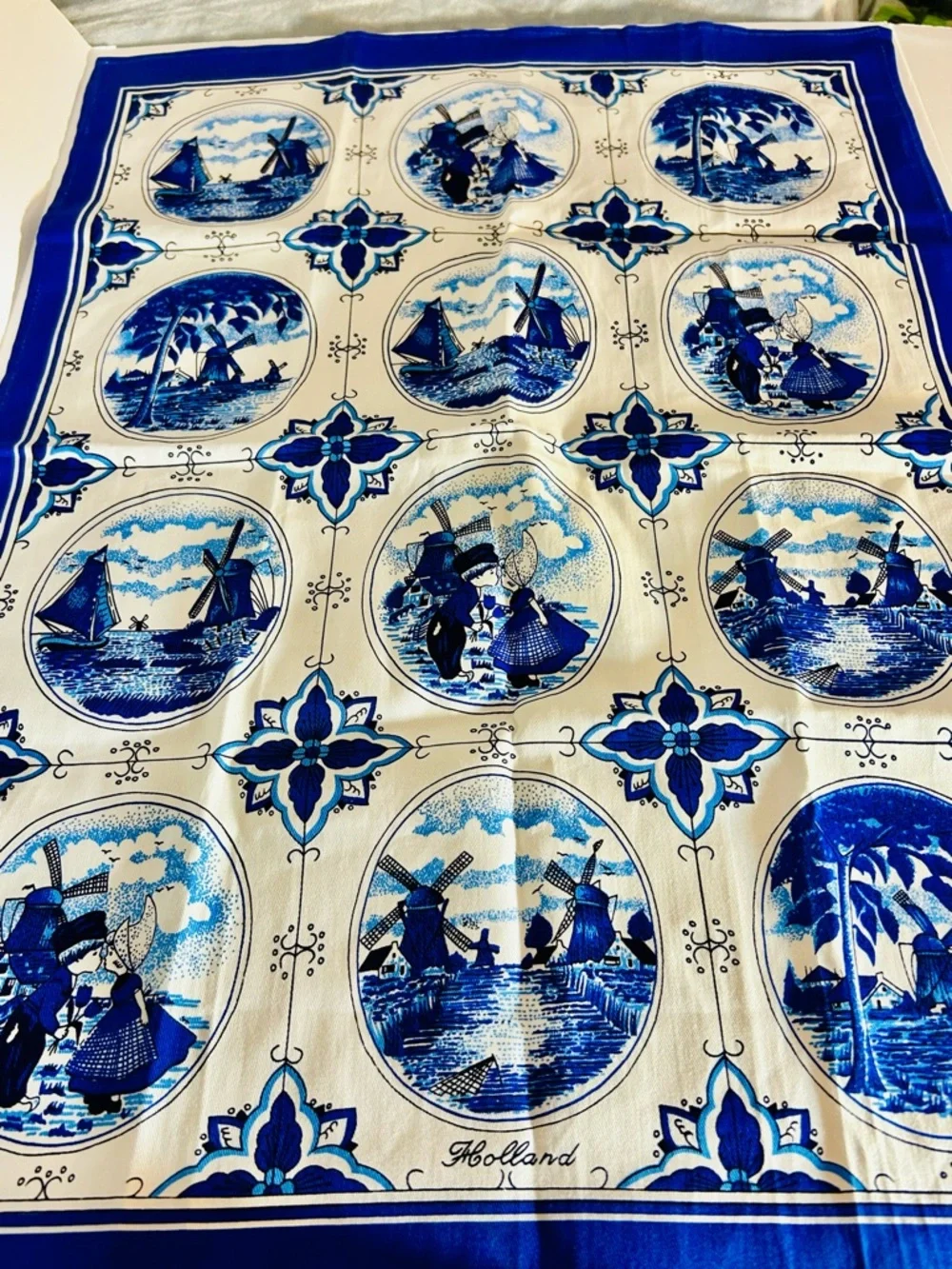 Vintage Dutch Holland Blue Windmill Tea Towel Delft Style